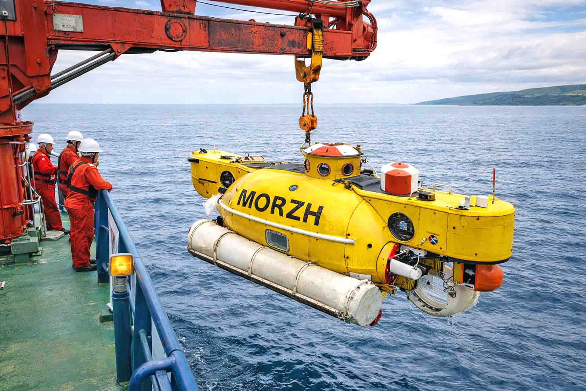 MORZH Submarine Being Lowered Into The Sea From A Research Ship
